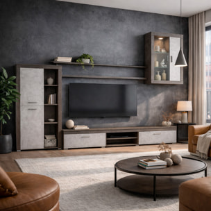 Parete Attrezzata Da Soggiorno Salotto Moderna Con Ante Mensole Vani A Giorno Vetrinetta Mobile TV 293 x 193 x 50 Cm Ossido E Grigio Cemento