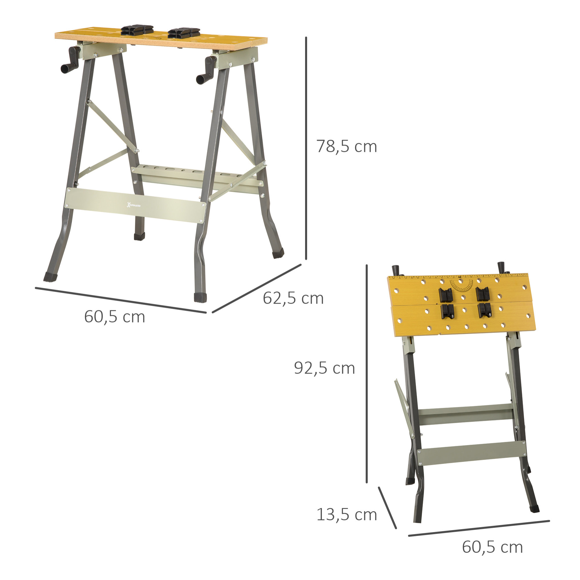 Banco de Trabajo Plegable, 4 en 1, Mesa de Trabajo con 4 Abrazaderas Ajustables, 2 Manivelas, 2 Paneles de MDF, para Garaje y Taller, Carga 100 kg, 62,5x60,5x78,5 cm, Natural y Gris