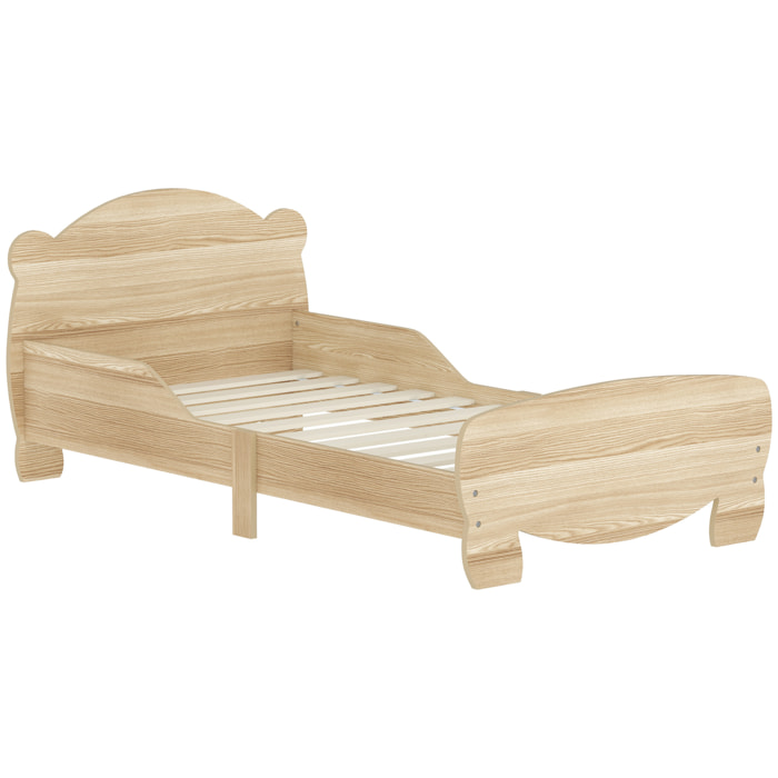 Lit pour enfant 3-6 ans design ourson - sommier à lattes inclus - barrières de sécurité - effet bois naturel