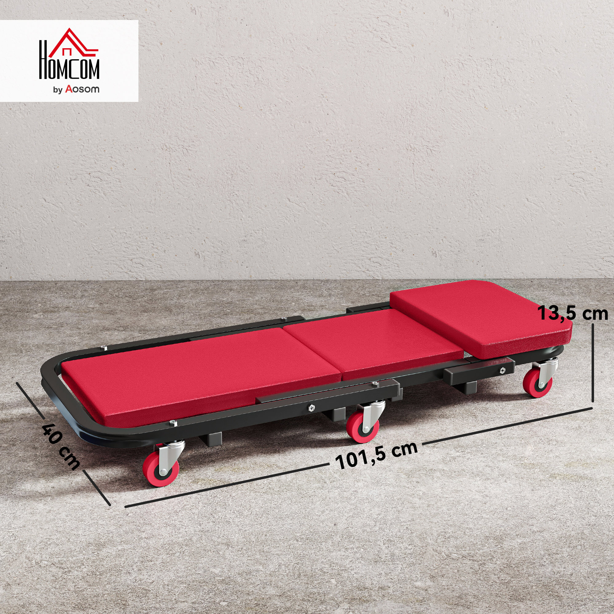 Chariot de visite mécanicien pliable tabouret d'atelier mobile 2 en 1 acier noir synthétique rouge