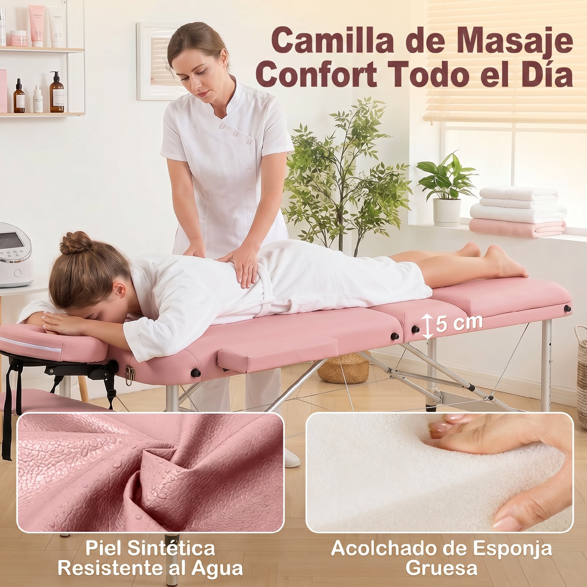 Camilla Masaje Plegable Portátil Camilla Estética Profesional de Aluminio de 3 Zonas con Respaldo Altura Ajustable 9 Niveles Reposacabezas Extraíble Reposabrazos Bolsa para Spa 215x81 cm Rosa