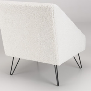 AGATHE - Fauteuil tissu bouclette blanc pieds épingles métal noir