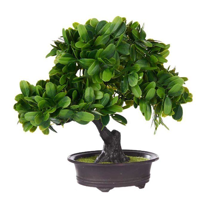 Bonsai de plástico con flores verdes y maceta negra.