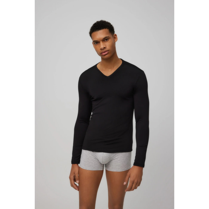 Maglia termica con scollo a V e maniche lunghe in nero