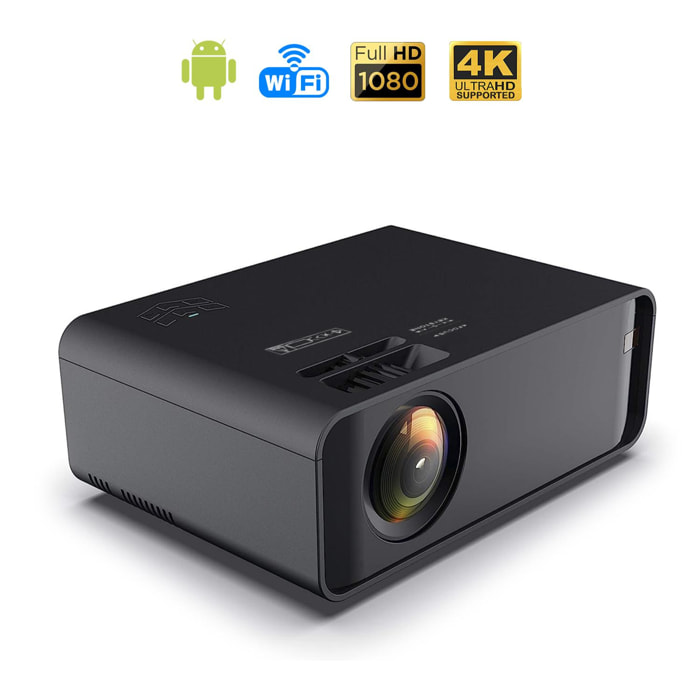 Video proyector LED W80 con Wifi y Android 6.0 incorporado. Full HD1080P, soporta 4K. De 27 a 200 pulgadas, brillo 8000 lm, altavoz incorporado.