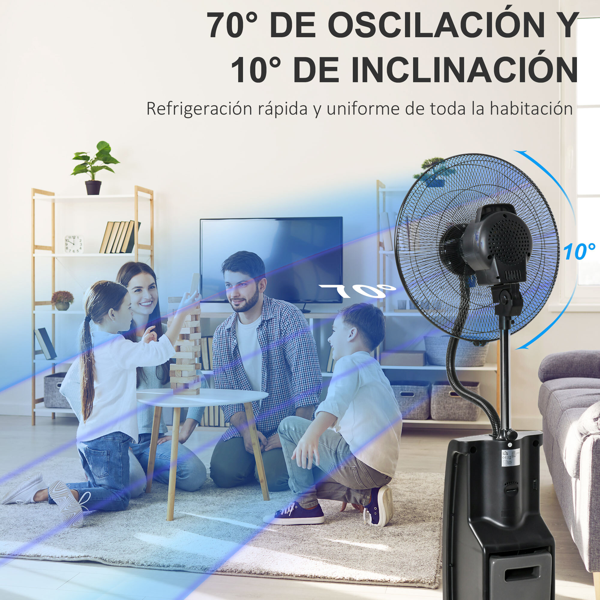 Ventilador de Pie Oscilante con Nebulizador 90W con Control Remoto 5 Aspas Tanque de Agua 3,1 L 3 Velocidades Temporizador y Ruedas 44,5x44,5x135 cm Negro