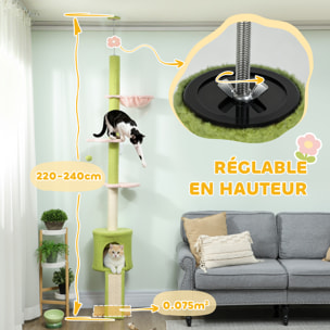 Arbre à chat du sol au plafond réglable H.220-240cm - 5 niveaux - griffoirs, grattoir - bouclette vert
