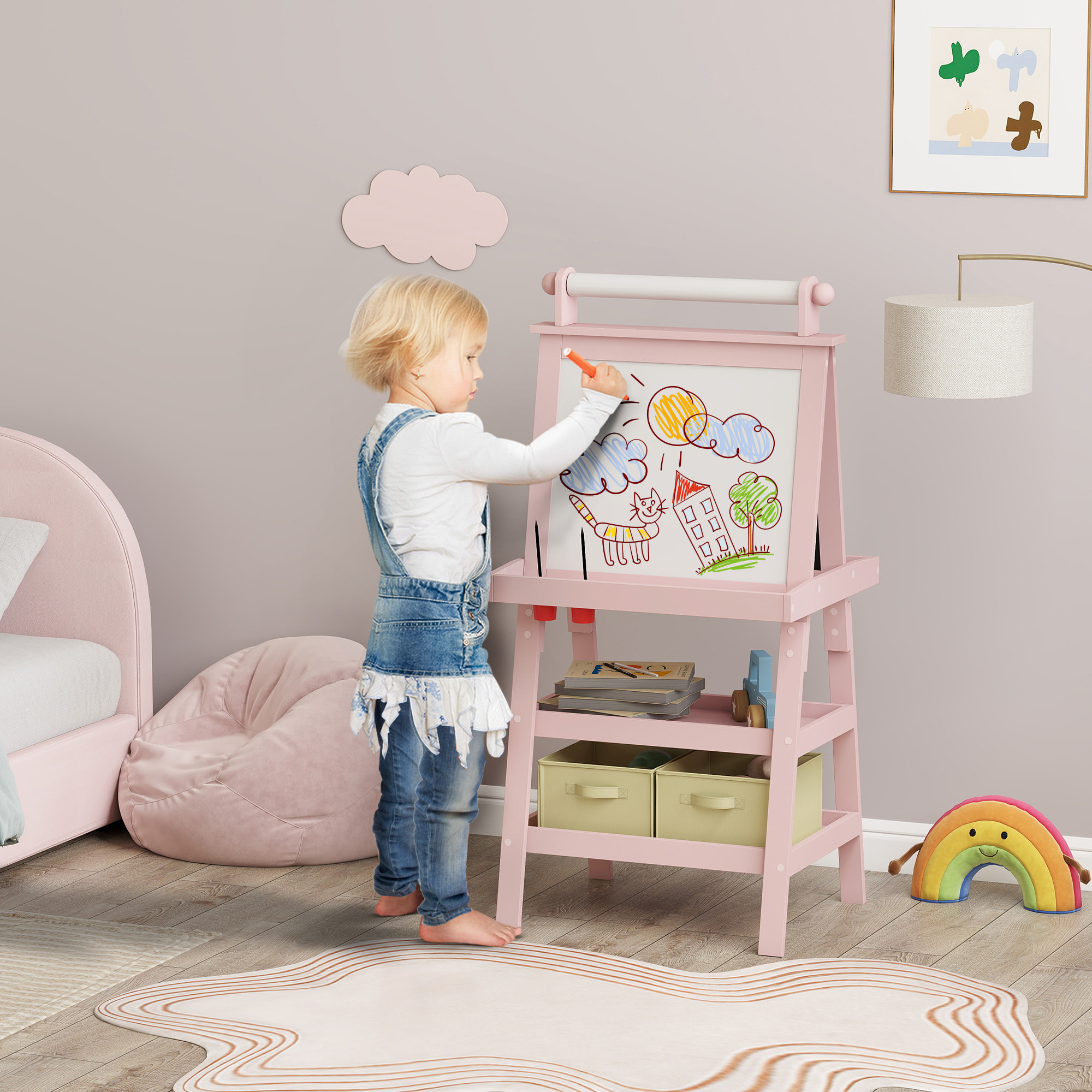 Pizarra Infantil Caballete 3 en 1 Pizarra Infantil de Doble Cara Magnética Caballete de Pintura para Niños con Rollo de Papel y Cestas de Almacenamiento 59x48x118 cm Rosa Palo