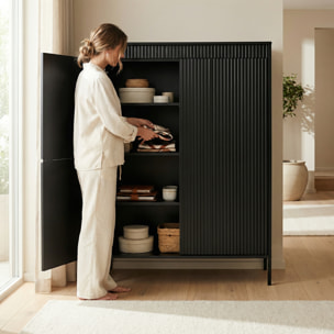 Credenza Alta 3 Ante Push To Open Con 5 Ripiani 7 Vani Mobile Soggiorno Salotto Zona Living Design Moderno Minimal 103.5 x 123.4 x 39.5 Cm Nero