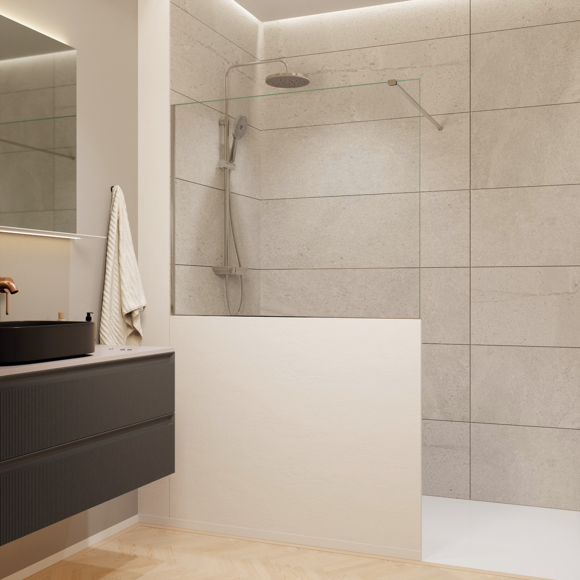 Pare-muret 120x100cm Paroi en verre Crystal Glass® 8 mm anticalcaire, avec bras et profilés chrome brillant (SATBWIS120PR)
