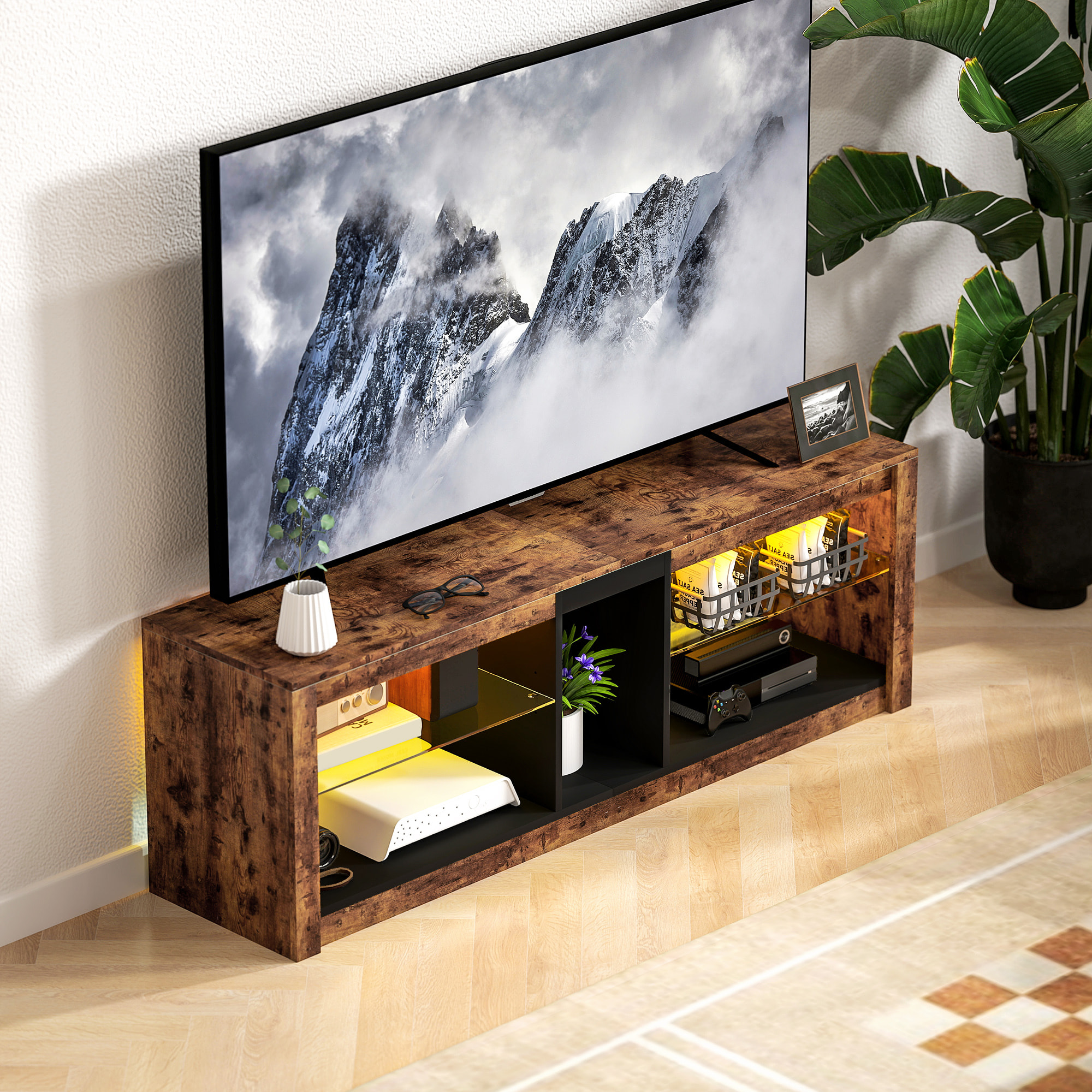 Meuble TV LED avec télécommande - banc TV design industriel - 2 étagères verre, niche centrale - effet bois noir