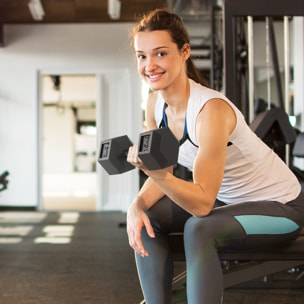 Juego de Mancuernas Hexagonales, 2 x 15 kg, de Hierro Fundido, Recubiertas de Goma, Juego de Pesas con Barras de Conexión para Entrenamiento en Casa, Gimnasio y Oficina, Negro y Plata