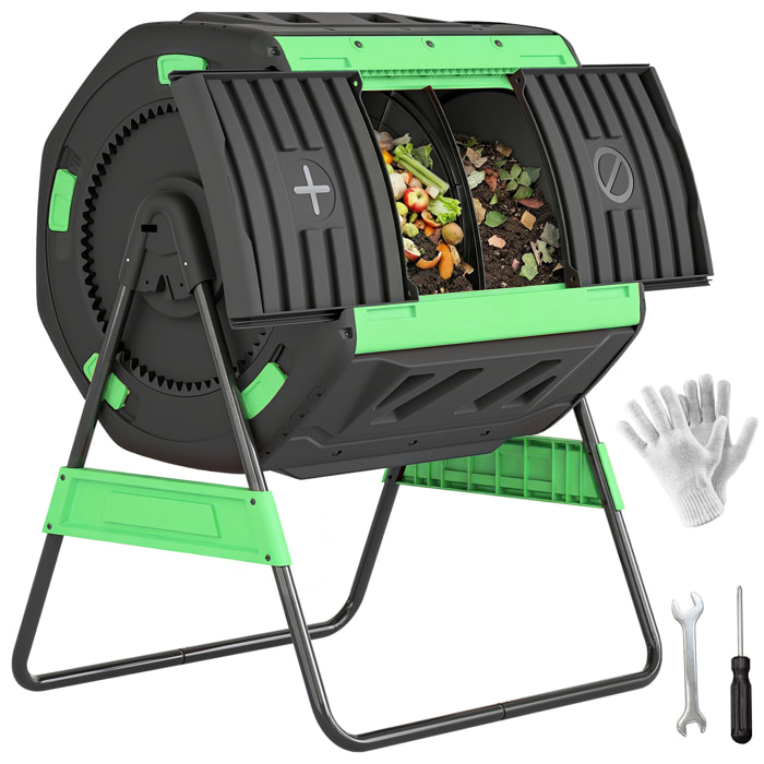 Compostador Giratorio de 200L, Contenedor de Compostaje de Jardín de Doble Cámara, Sin BPA, Compostadora con Aberturas de Ventilación, 2 Puertas Deslizantes y Patas de Metal, Verde