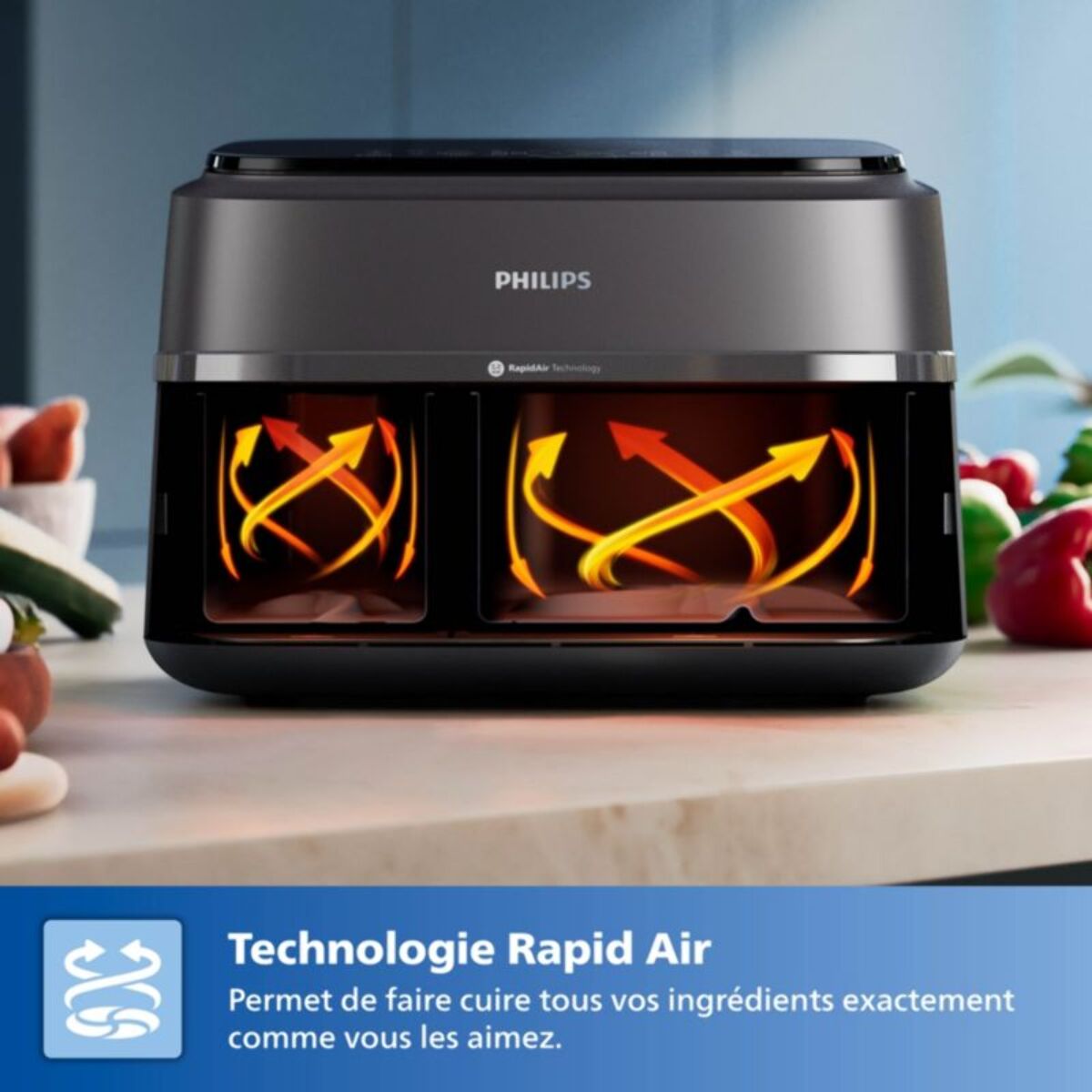 Airfryer PHILIPS NA352/00 Friteuse sans huile double panier Noir/Doré, Série 3000 9L (3+6L)