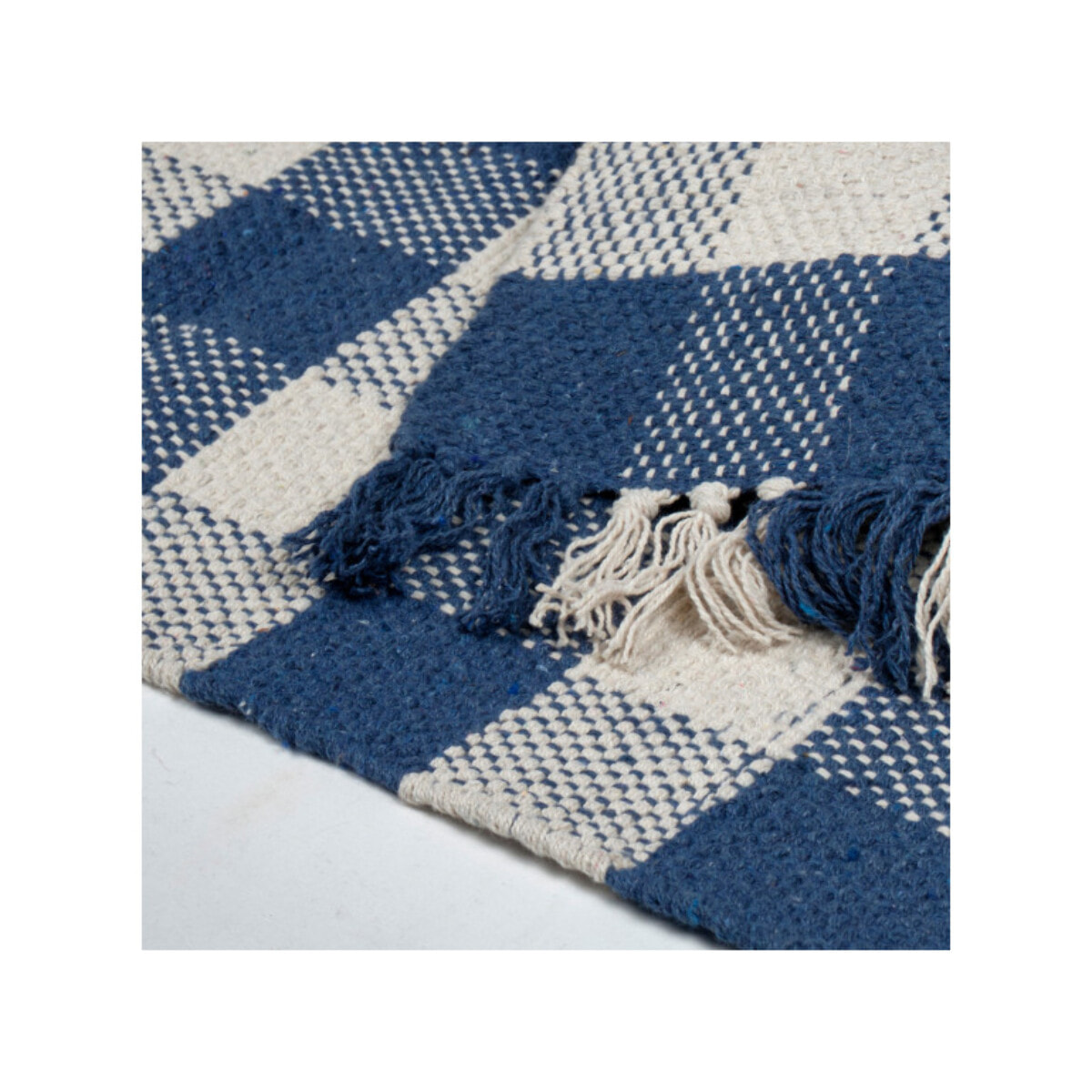 Tapis en coton avec carreaux bleu et blanc et franges - DENIM