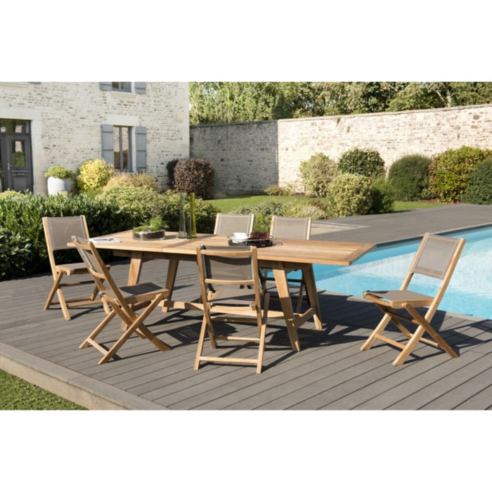 FUN - SALON DE JARDIN EN BOIS TECK 8/10 pers. - 1 Table extensible 180*240/100 cm et 6 chaises textilène taupe