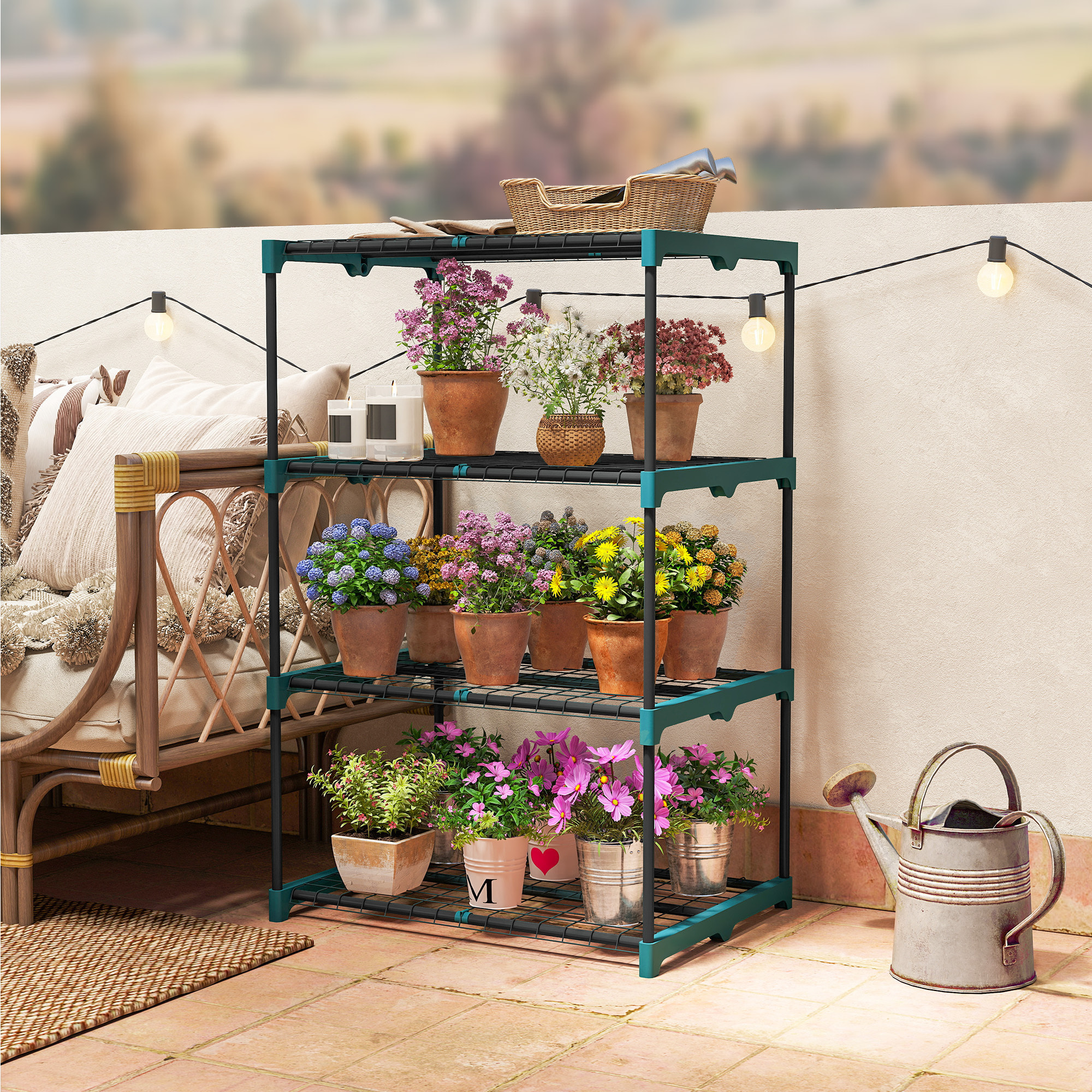 Étagère à fleurs 4 niveaux - 67 x 49 x 105 cm - métal vert