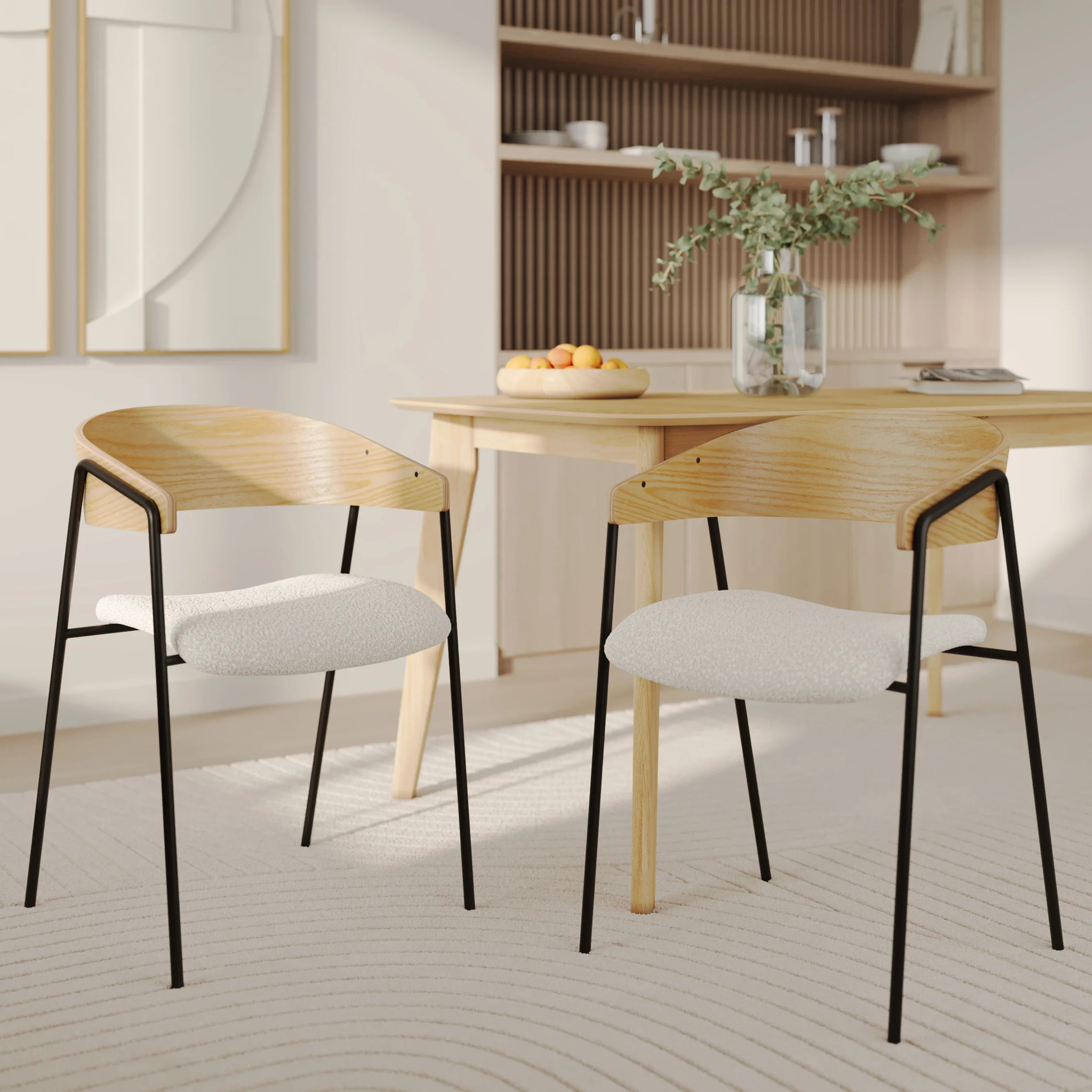 Lot de 2 chaises en tissu bouclé blanc et bois de chêne - Esmée