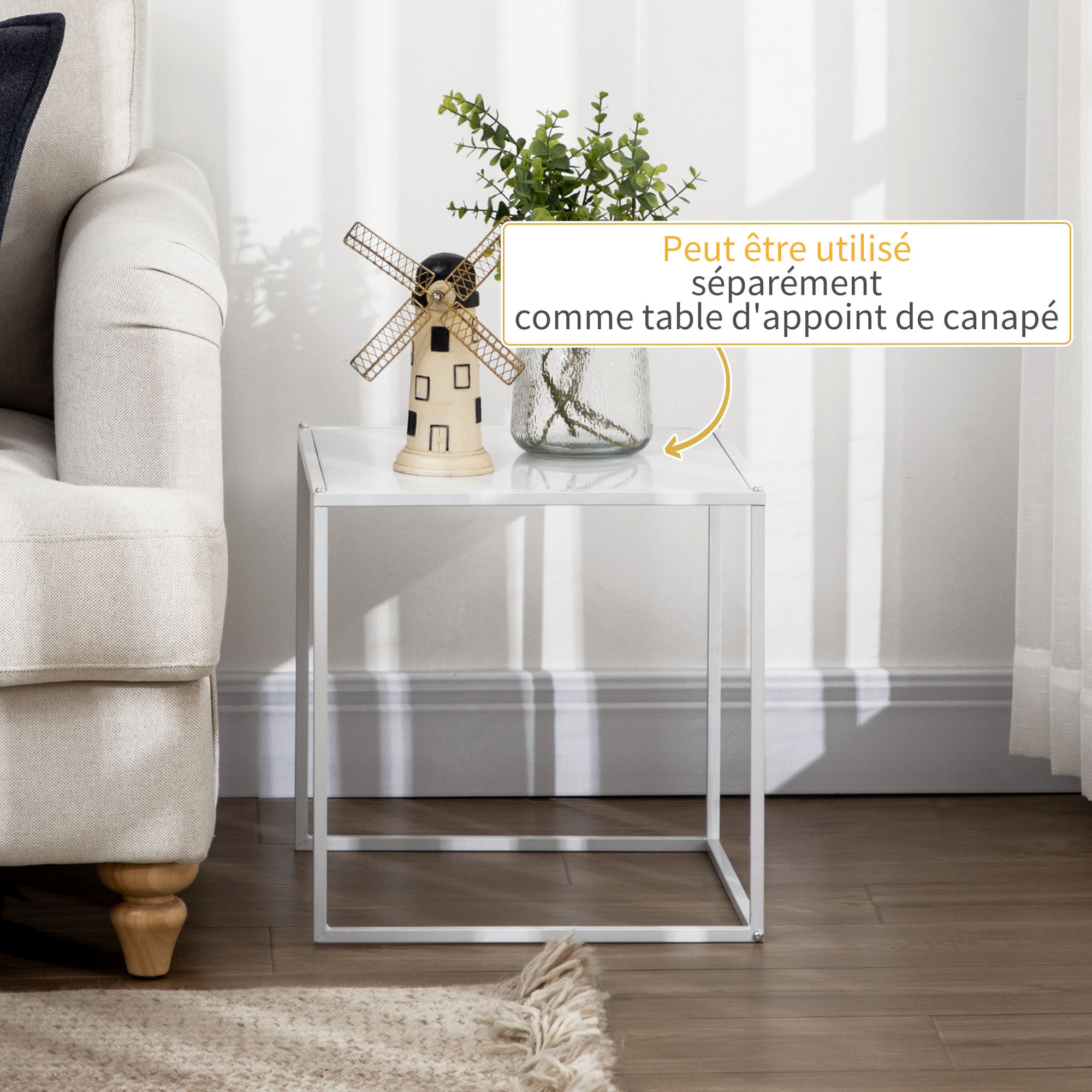 Lot de 2 tables basses gigognes carrées design contemporain encastrable acier blanc