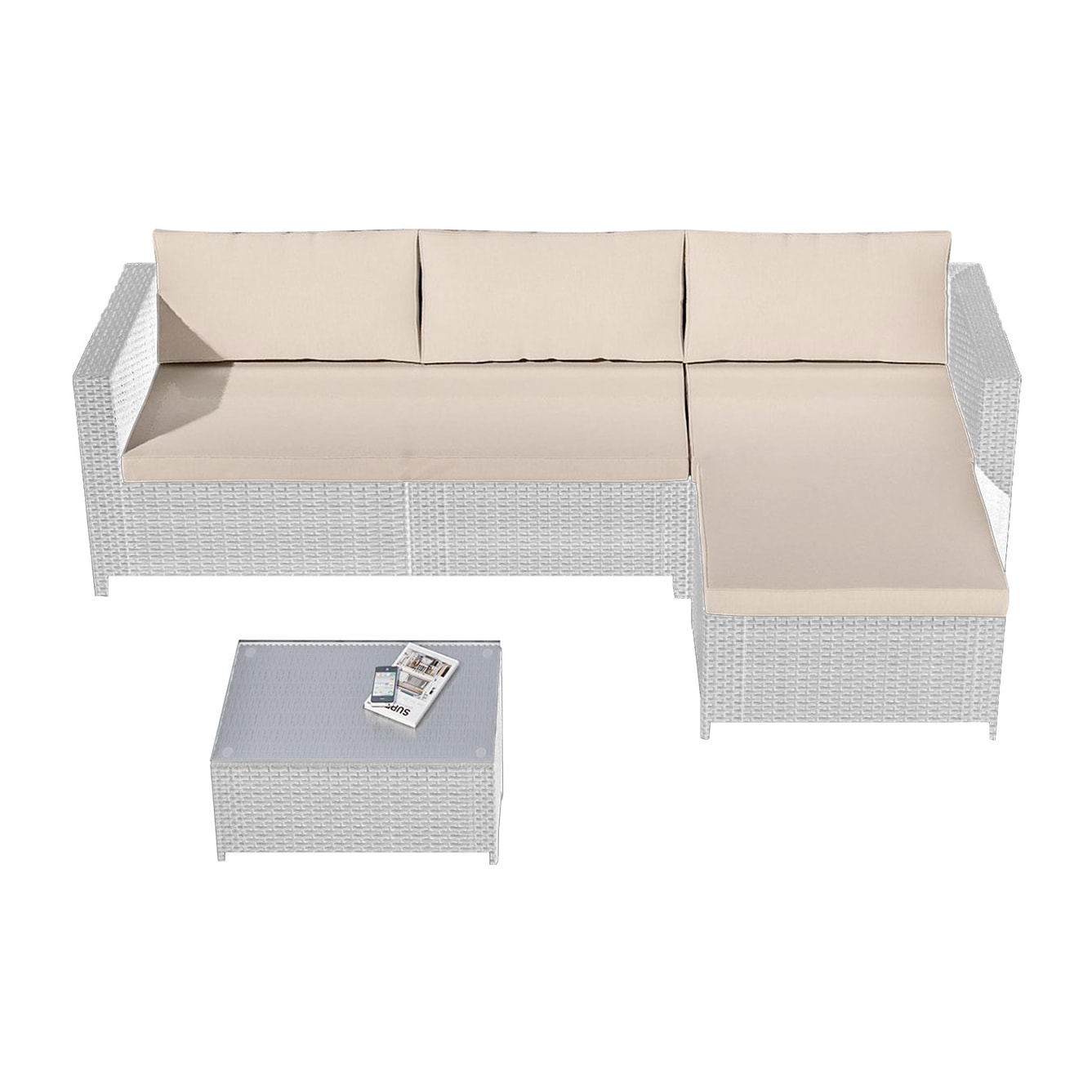 Morning Relax - Salotto da giardino in alluminio e polyrattan divano 2 posti con chaise longe + tavolino con ripiano in vetro 5mm. Divano angolare da giardino + tavolino + cuscini