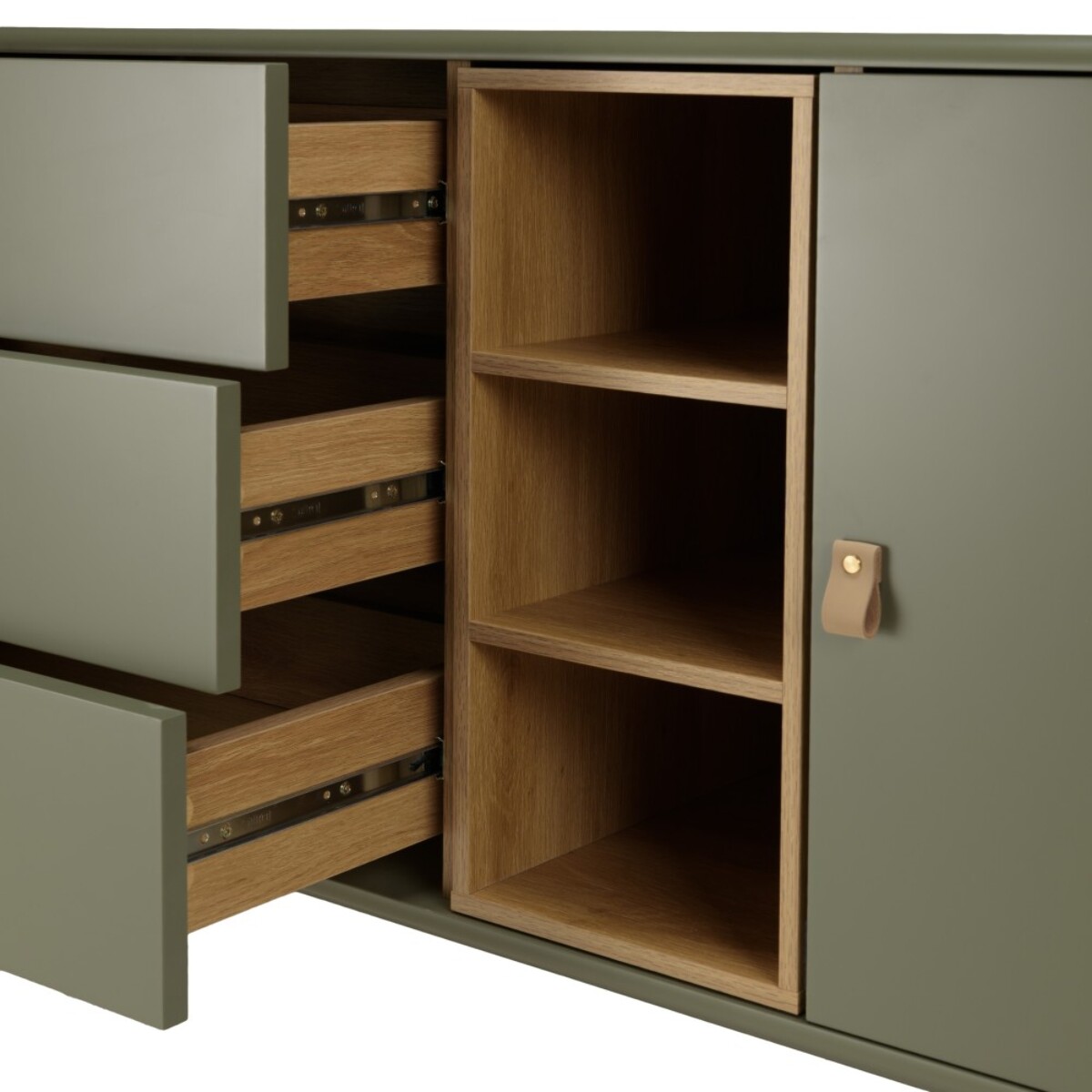 ETHAN - Buffet 1 porte 3 tiroirs 3 niches bois naturel vert