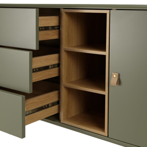 ETHAN - Buffet 1 porte 3 tiroirs 3 niches bois naturel vert