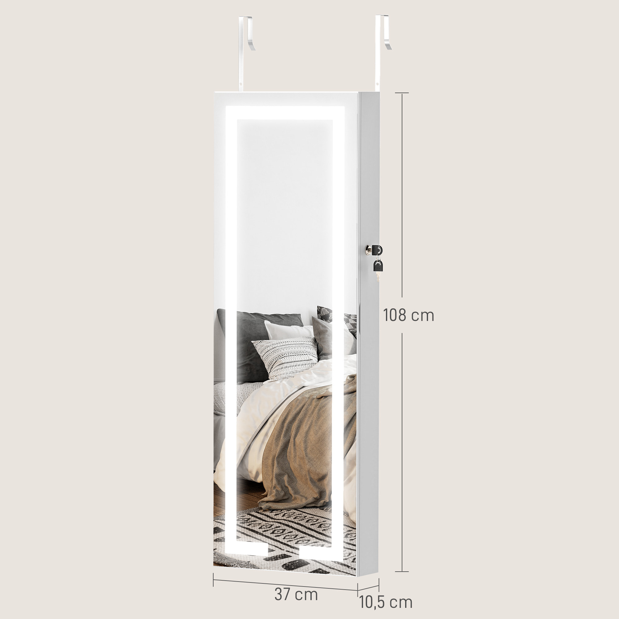 Espejo Joyero de Pared Espejo Joyero Colgante con Luces LED y Cerradura Espejo Integrada Armario de Joyas para Colgar en la Pared o en la Puerta Blanco