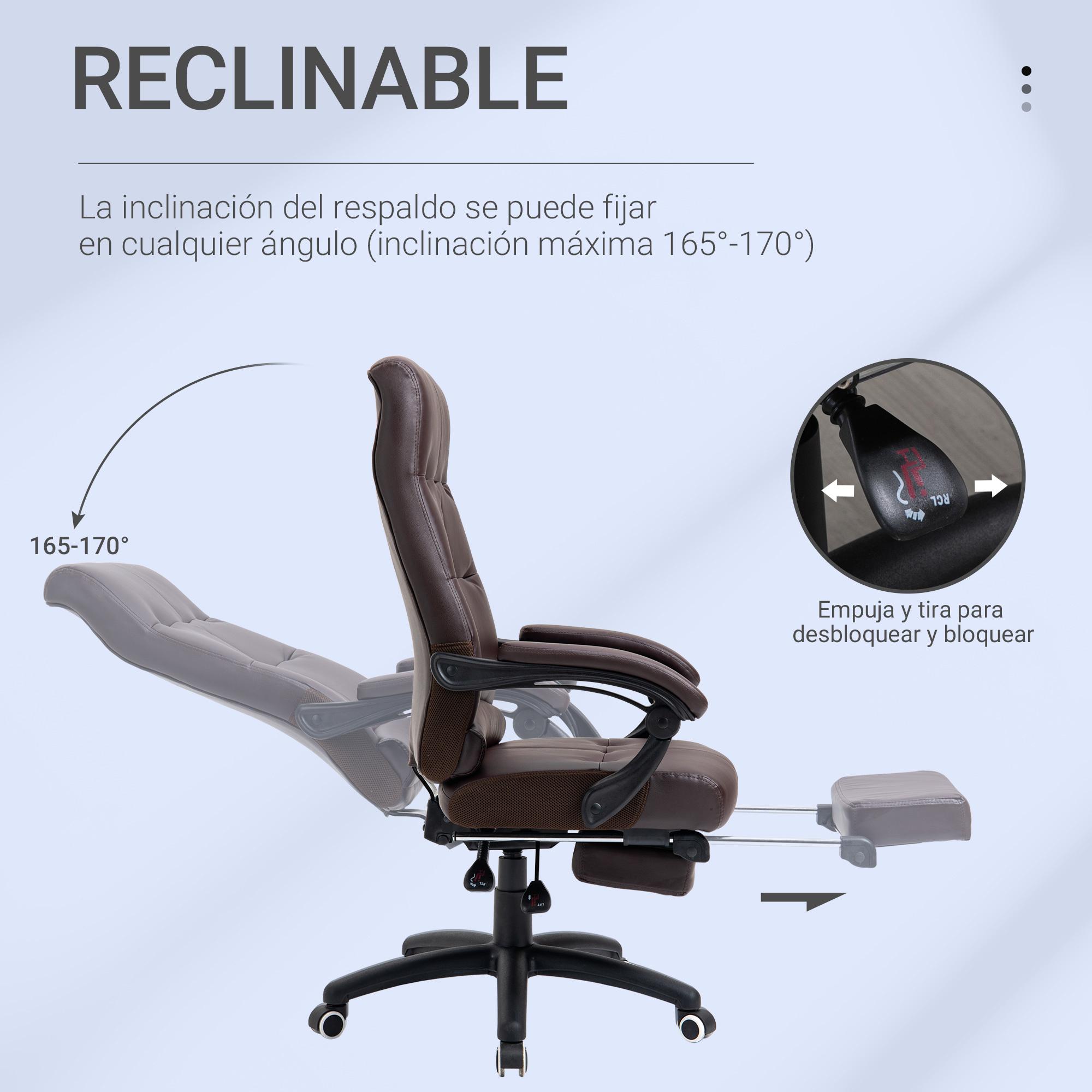 Vinsetto Silla de Oficina Ergonómica Silla de Escritorio Giratoria con Altura Ajustable Función de Inclinación Reposabrazos y Reposapiés Piel Sintética 65x65x118-125 cm Marrón