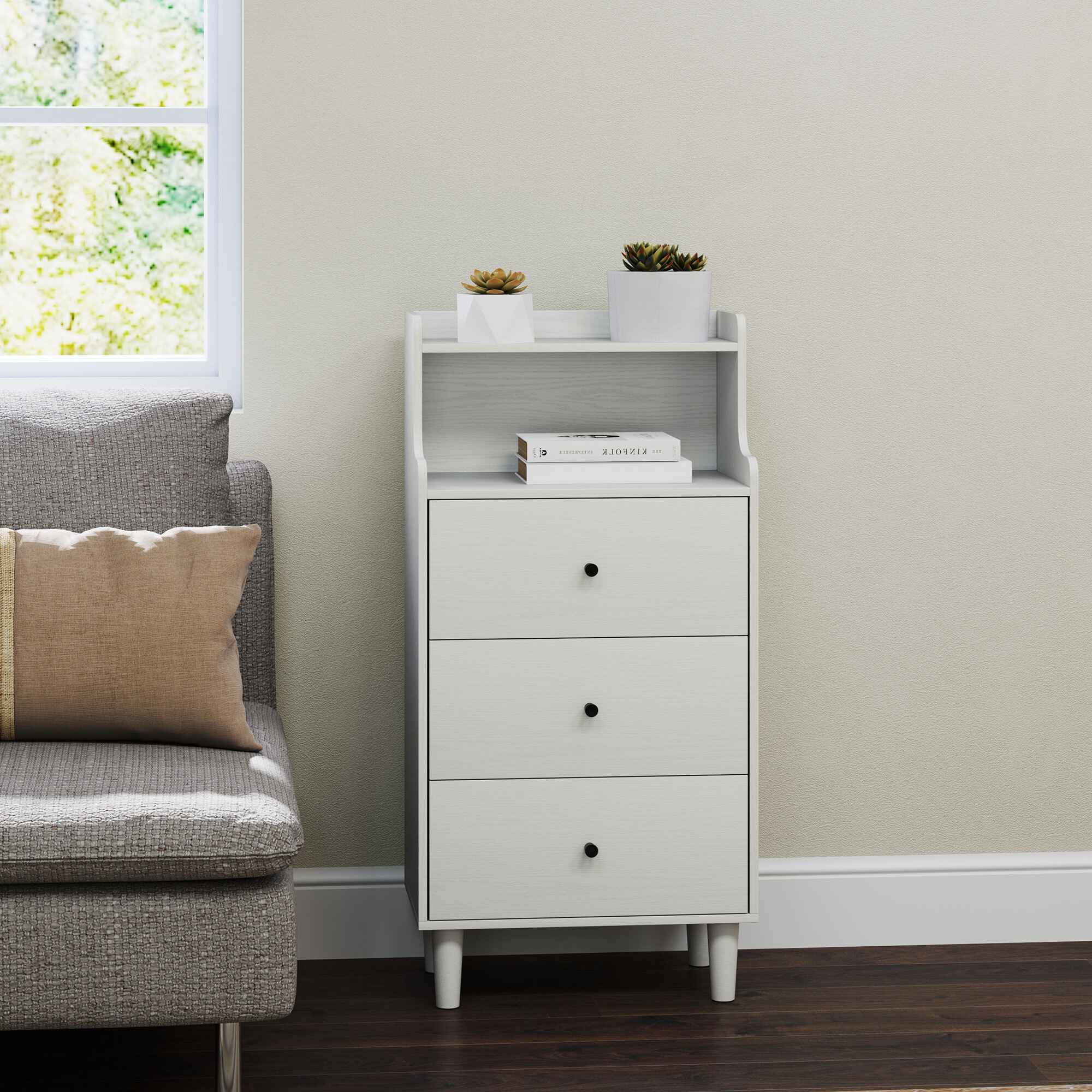 Cómoda con 3 Cajones Cómoda de Dormitorio Estrecha con Estantes Abiertos Anti-vuelco Cajonera Alta para Salón Pasillo 47x29x95 cm Blanco