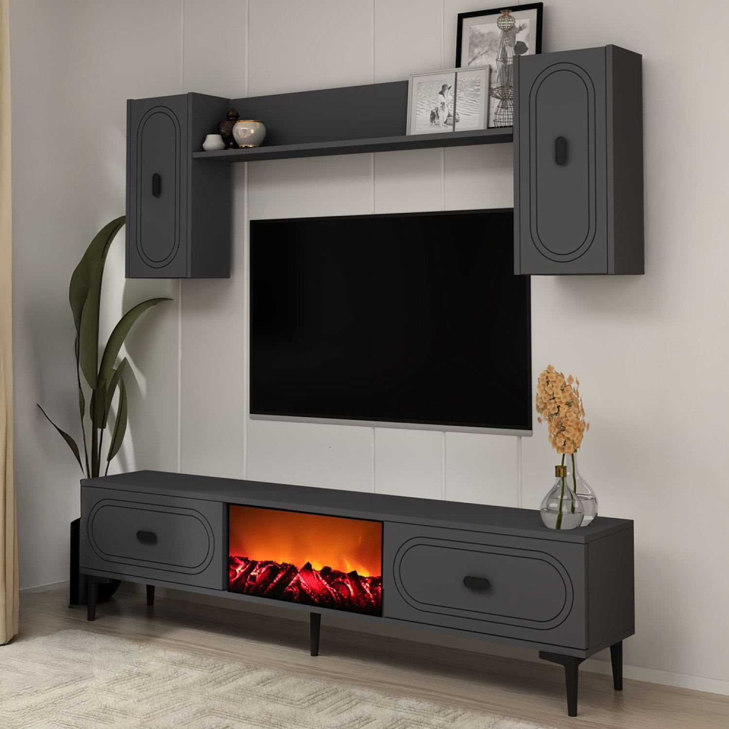 LEWES Ensemble meuble TV avec étagères murales et cheminée LED 150cm gris anthracite