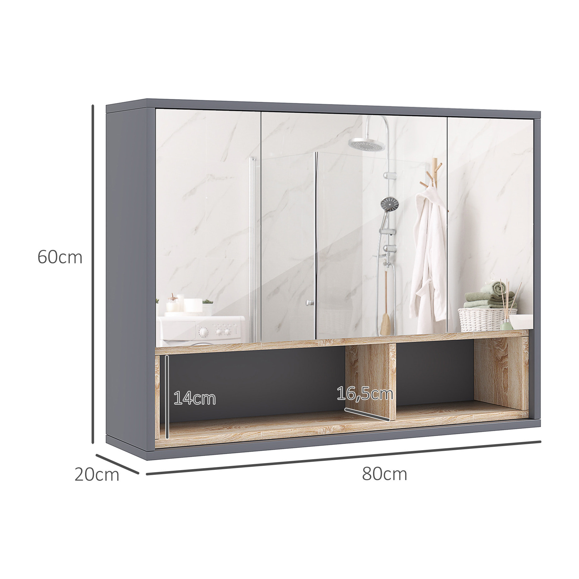 Armoire miroir de salle de bain - 3 portes, 3 étagères, 2 niches - dim. 80 x 20 x 60 cm - gris effet bois clair naturel