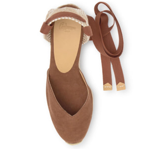 Alpargata con cuña 7 cm en lona de algodón con pala en v y cintas al tobillo