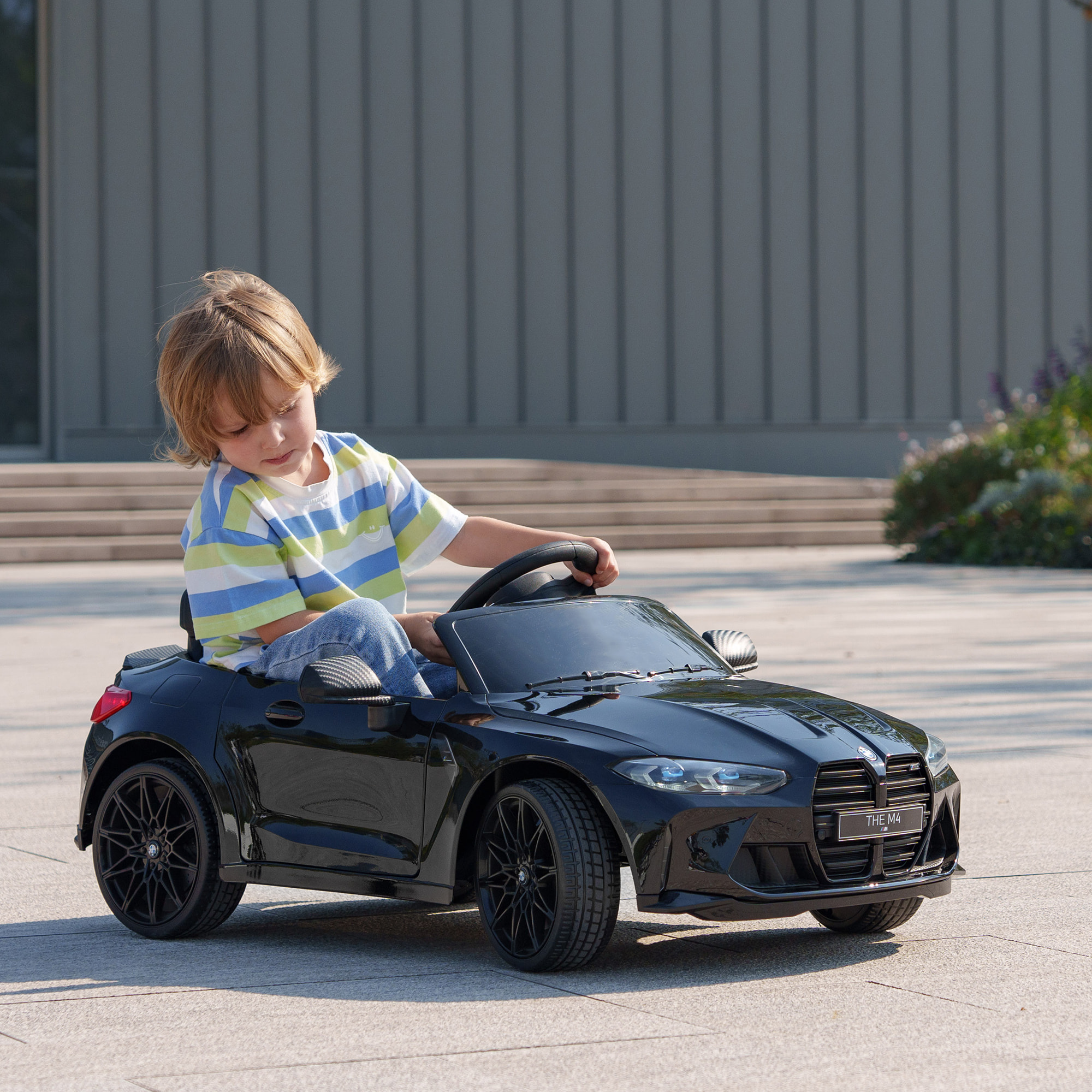 Coche Eléctrico para Niños BMW M4 Coche de Batería para Niños 12V con Mando a Distancia Faros Bocina Música Velocidad 3-5 km/h Cinturón de Seguridad Negro