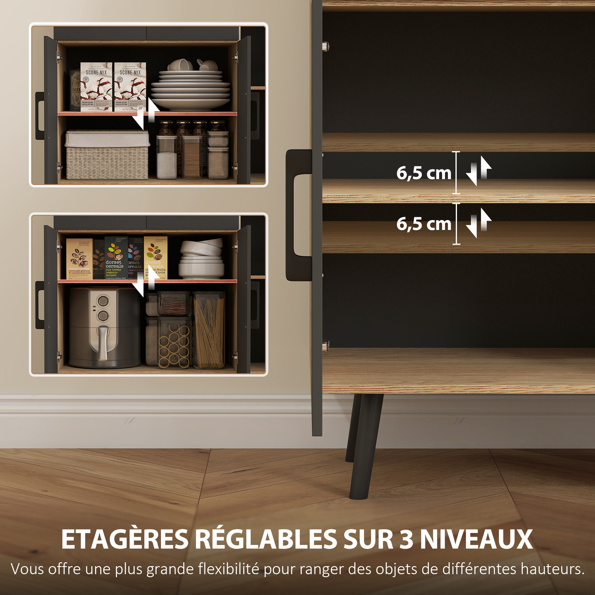 Buffet haut armoire cuisine design LED réglable avec fonction synchronisation musicale noir effet bois clair