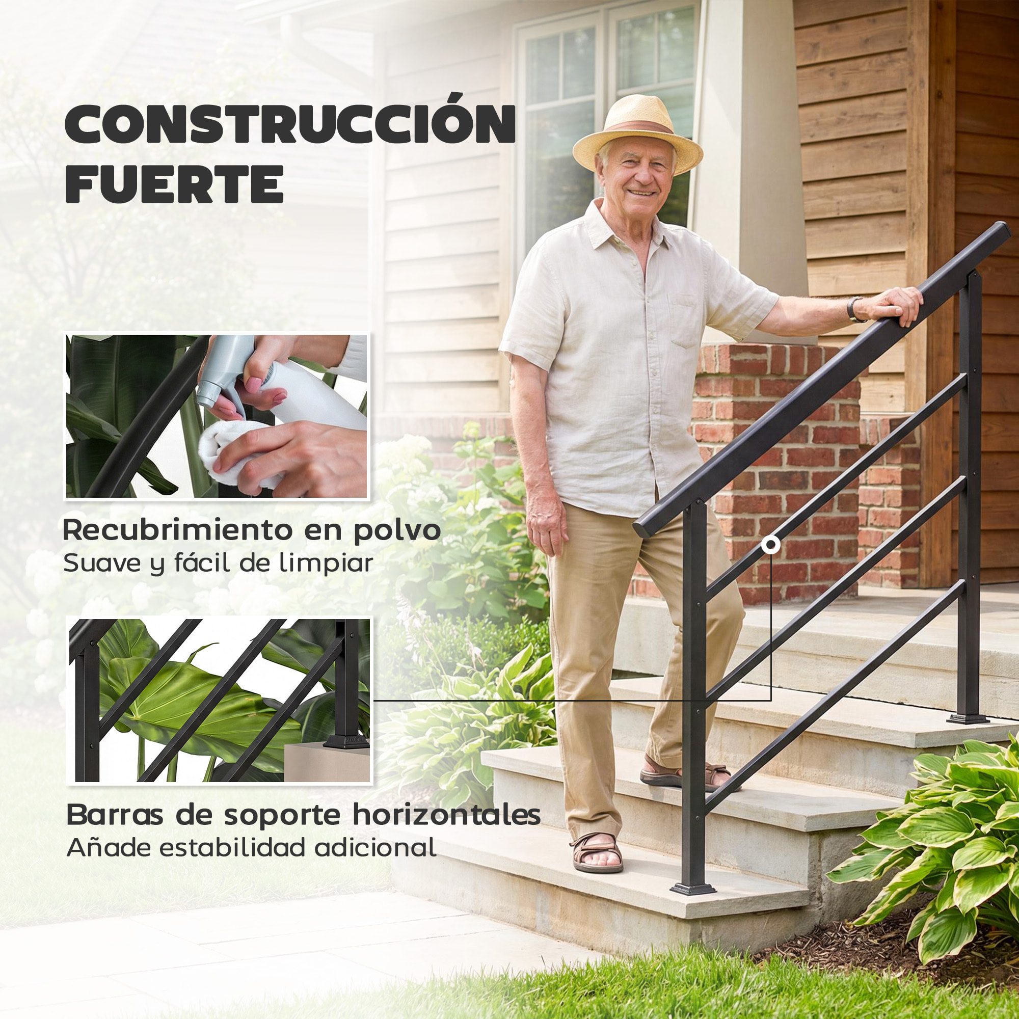 Barandilla de Escalera, 131 cm, Pasamanos para Escalera con Kit de Instalación, Ángulo Ajustable para 1-4 Escalones, para Porches, Madera y Concreto, para Exterior, Terraza, Patio, Negro