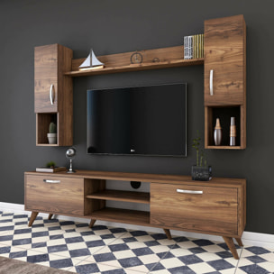 Parete attrezzata Tino, Composizione soggiorno, Mobile salotto multiuso, Armadio porta TV, 180x35 h49 cm, Noce