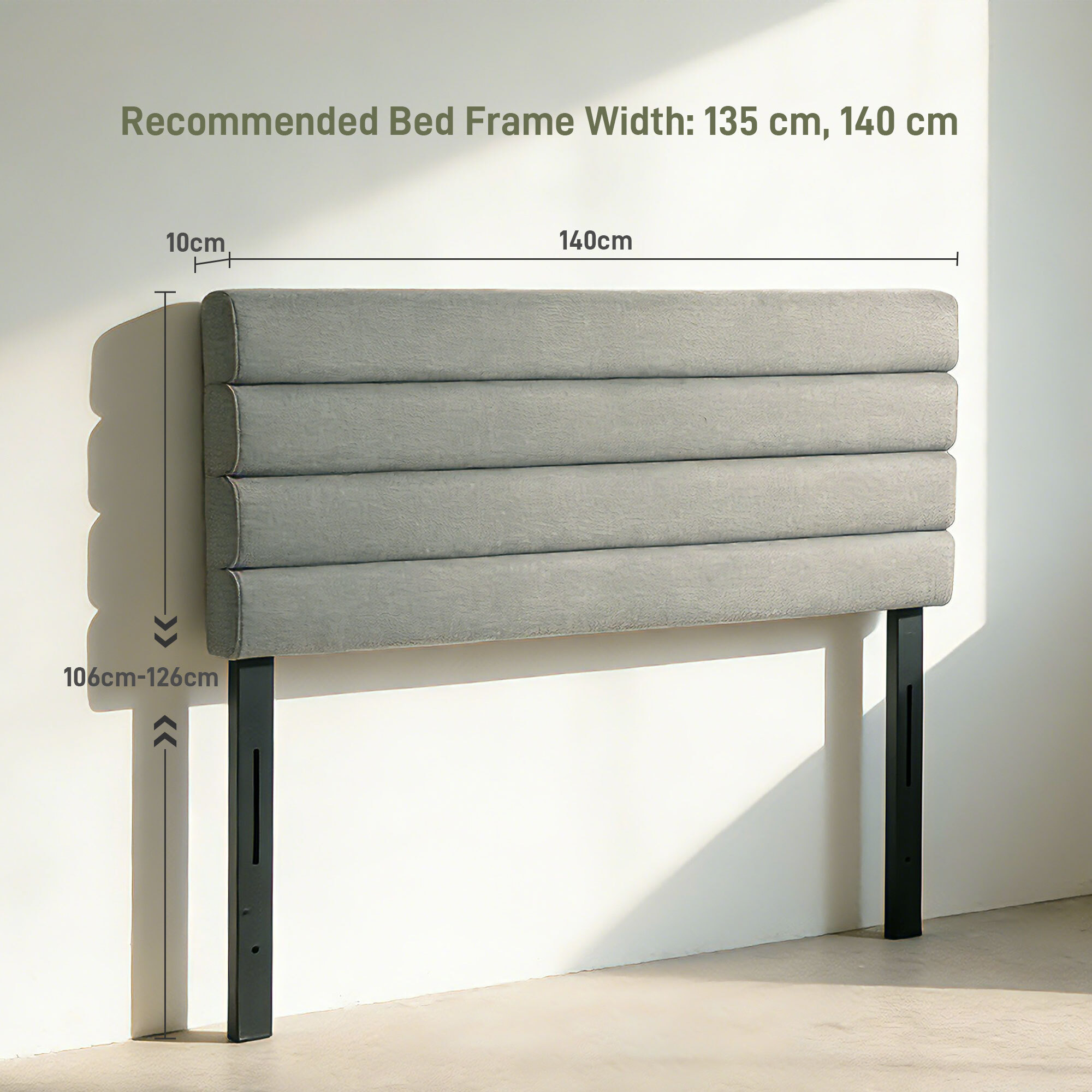 Cabecero de Cama 140 cm, Altura Ajustable 3 Niveles 106/116/126 cm, Cabezal de Cama Tapizado en Lino, Acolchado Linea, con Patas de Acero, Montado a la Pared, Cabecero para Dormitorio, Gris
