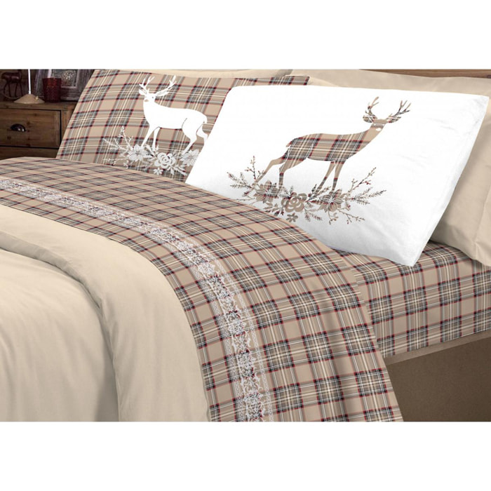 Completo Lenzuola 100% Cotone Cervo Tartan Beige