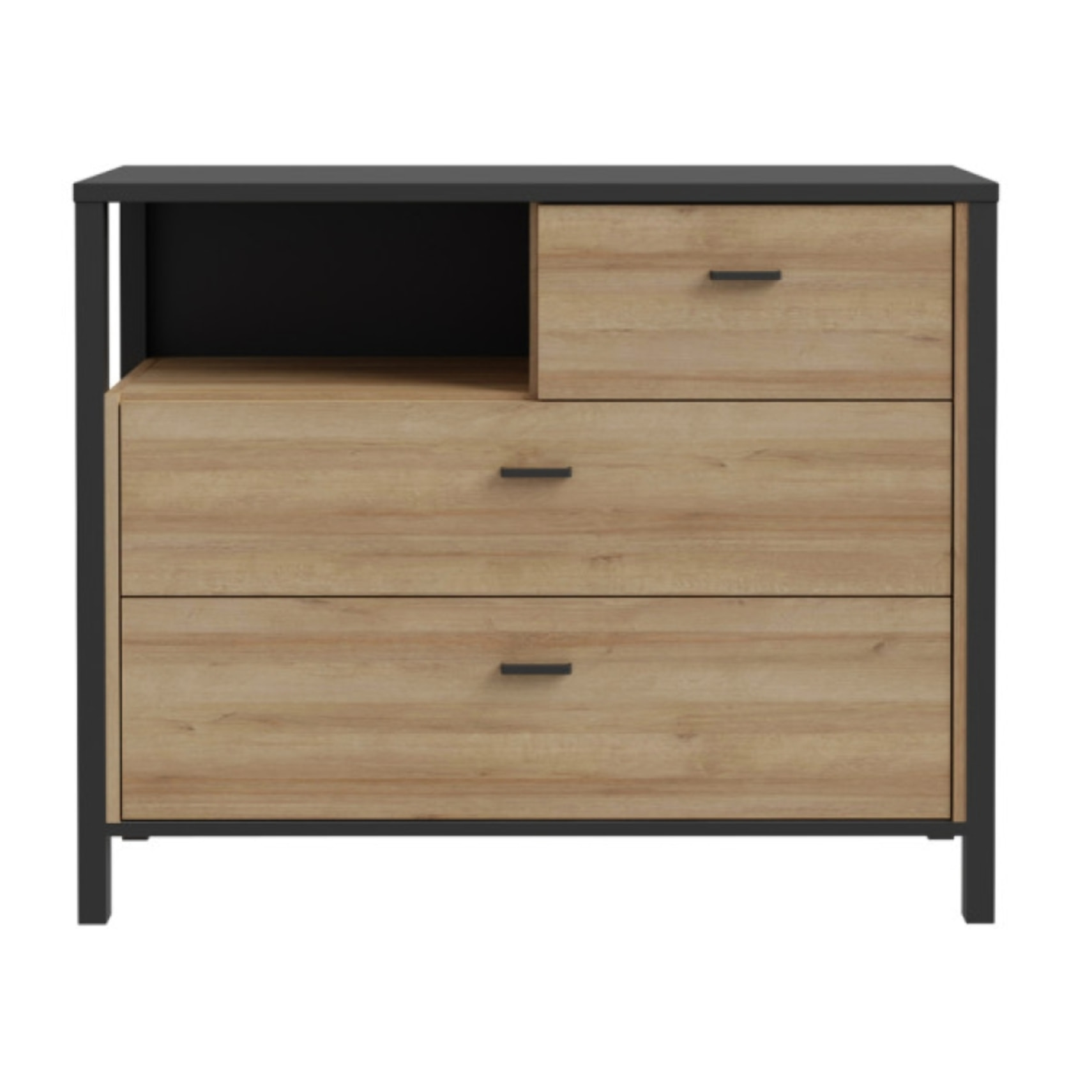 Commode bois effet chêne et noir 3 tiroirs - MIAMI