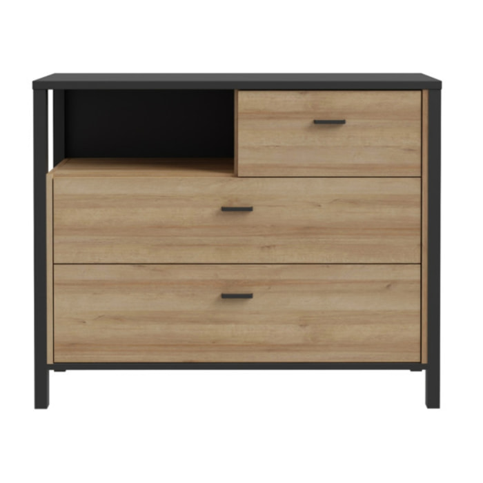 Commode bois effet chêne et noir 3 tiroirs - MIAMI