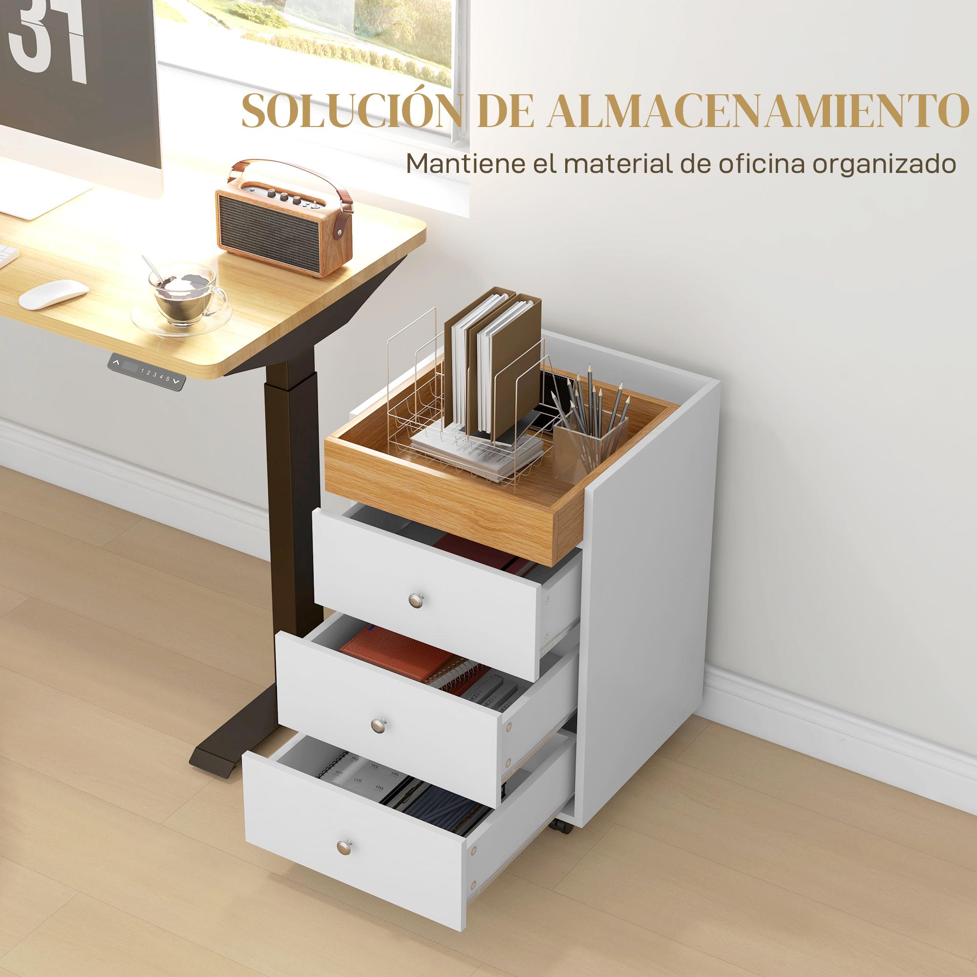 Cajonera de Oficina Mueble Archivador con 4 Ruedas 3 Cajones y 1 Bandeja Extraíble Carga 30 kg para Estudio Salón 43x40x66,5 cm Blanco y Natural