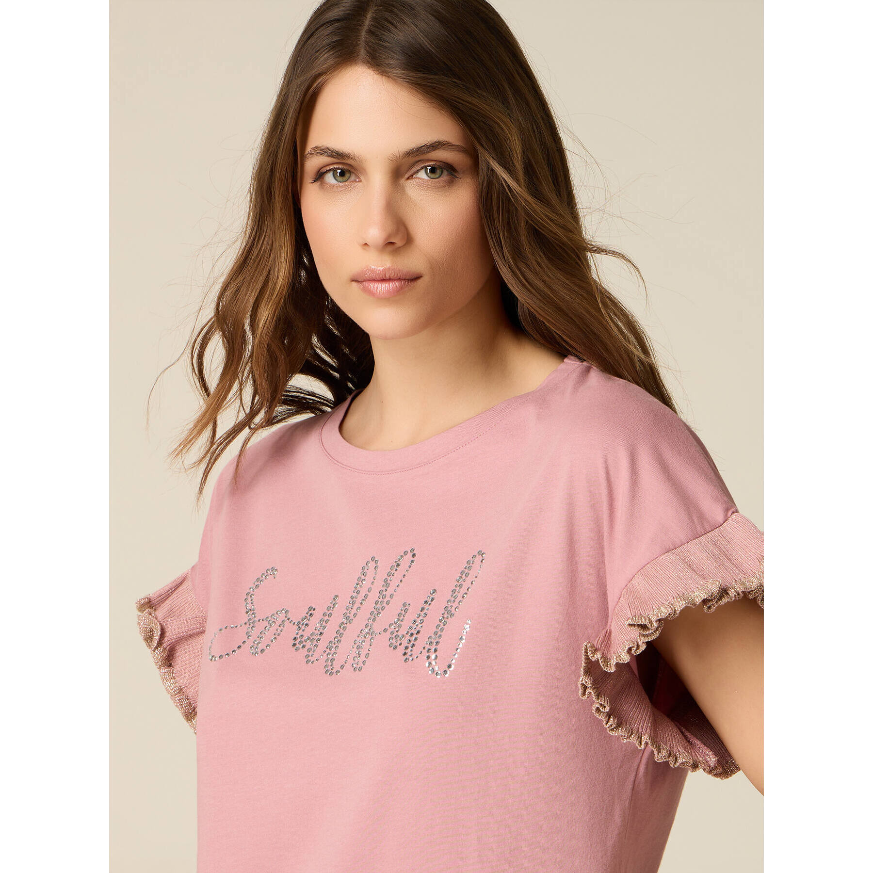 Oltre - T-shirt in cotone con cristalli e rouches - Rosa