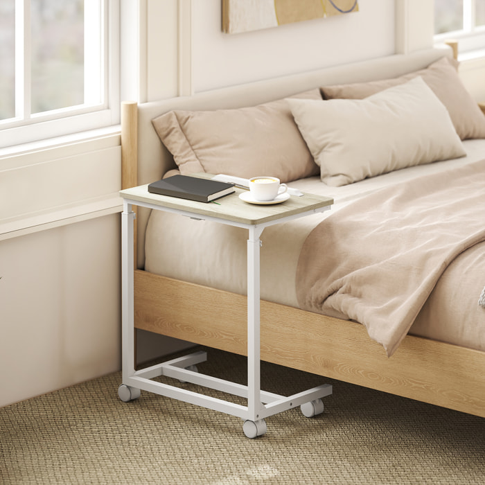 Table de lit mobile - table pour ordinateur portable - hauteur réglable, plateau inclinable - métal blanc effet bois