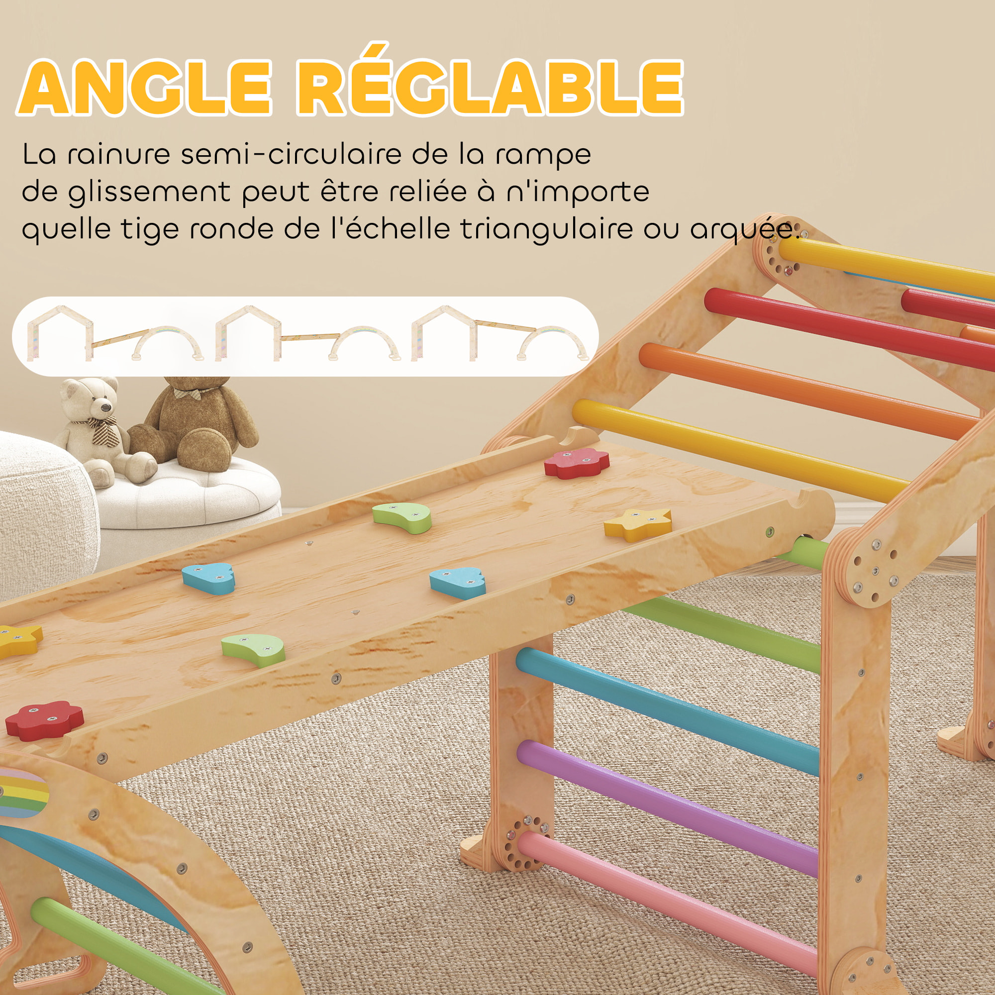 Triangle d'escalade enfant pliable 9 en 1 - aire de jeu enfant - bois naturel multicolore