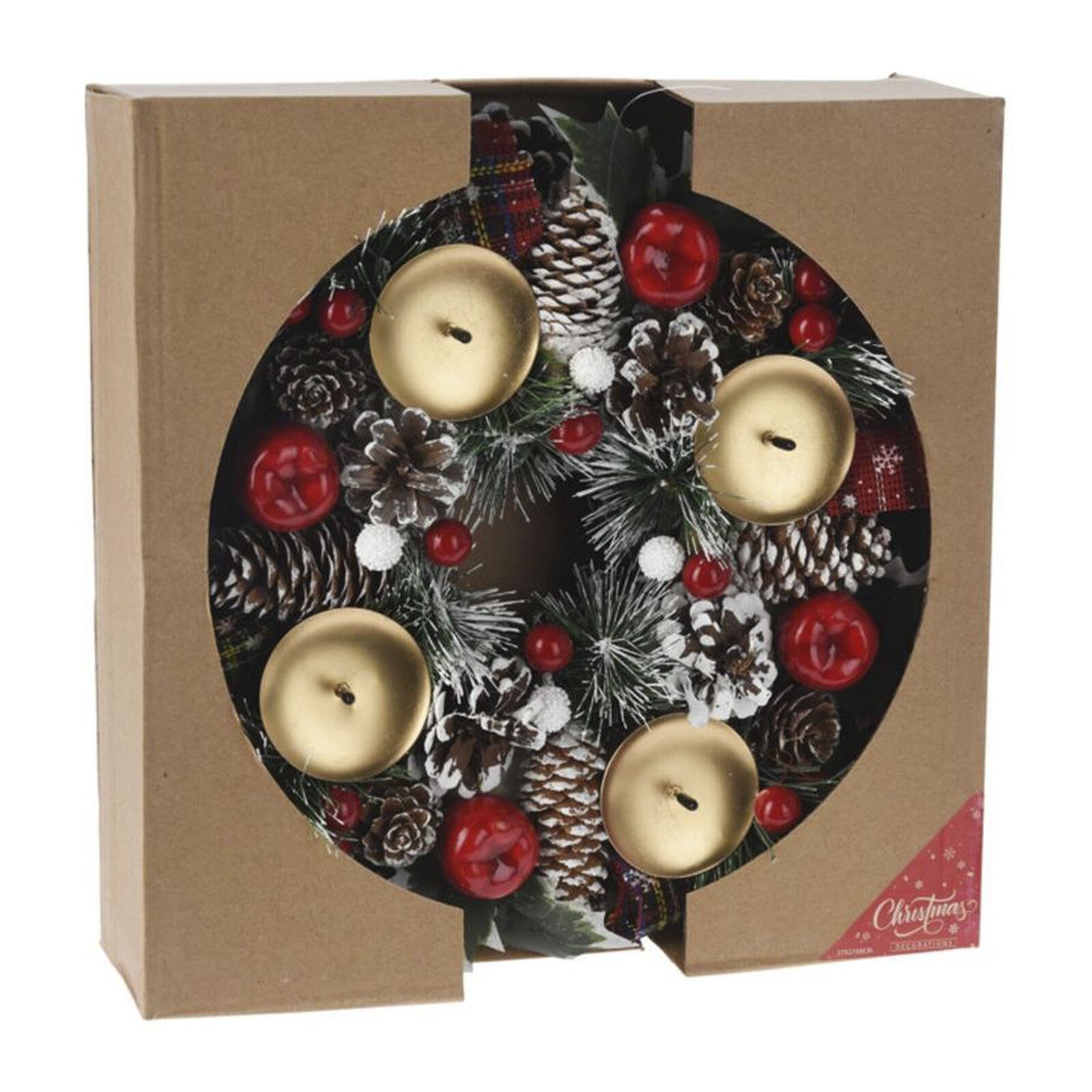 Corona con candelabro en diseño redondo con piñas y detalles rojo 27x8cm