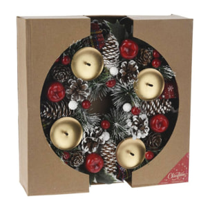 Corona con candelabro en diseño redondo con piñas y detalles rojo 27x8cm