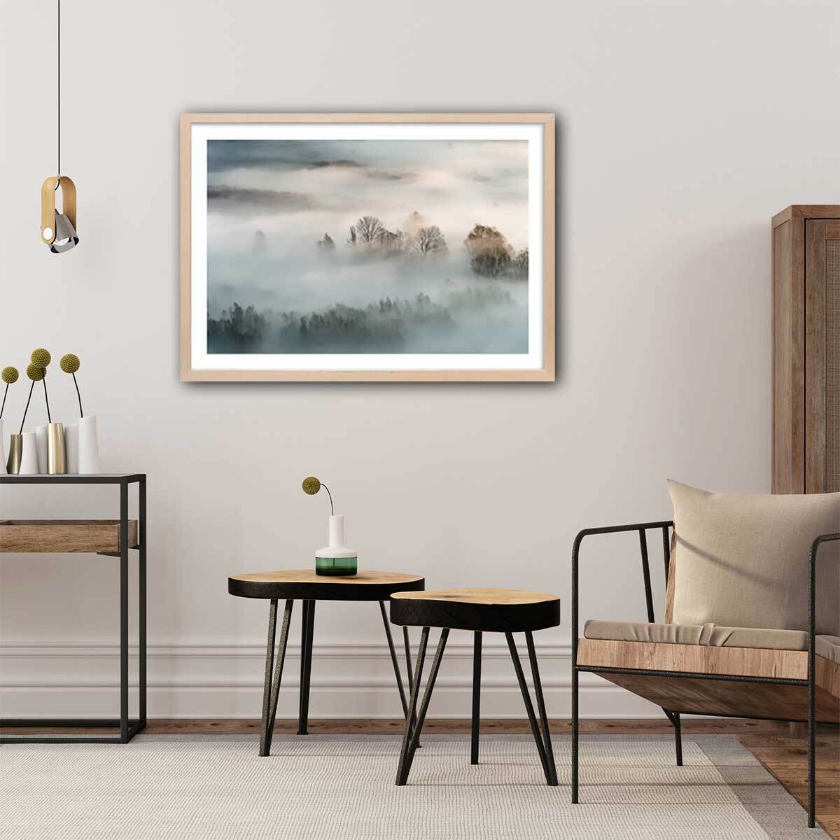 Affiche paysage brouillard hivernal Affiche + cadre en bois - Chêne