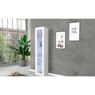 Vetrina Aristotele, Credenza con ripiani in vetro, Mobile da soggiorno multiuso con luce LED, 100% Made in Italy, cm 40x30h180, Bianco lucido