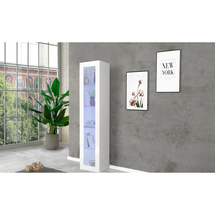 Vetrina Aristotele, Credenza con ripiani in vetro, Mobile da soggiorno multiuso con luce LED, 100% Made in Italy, cm 40x30h180, Bianco lucido