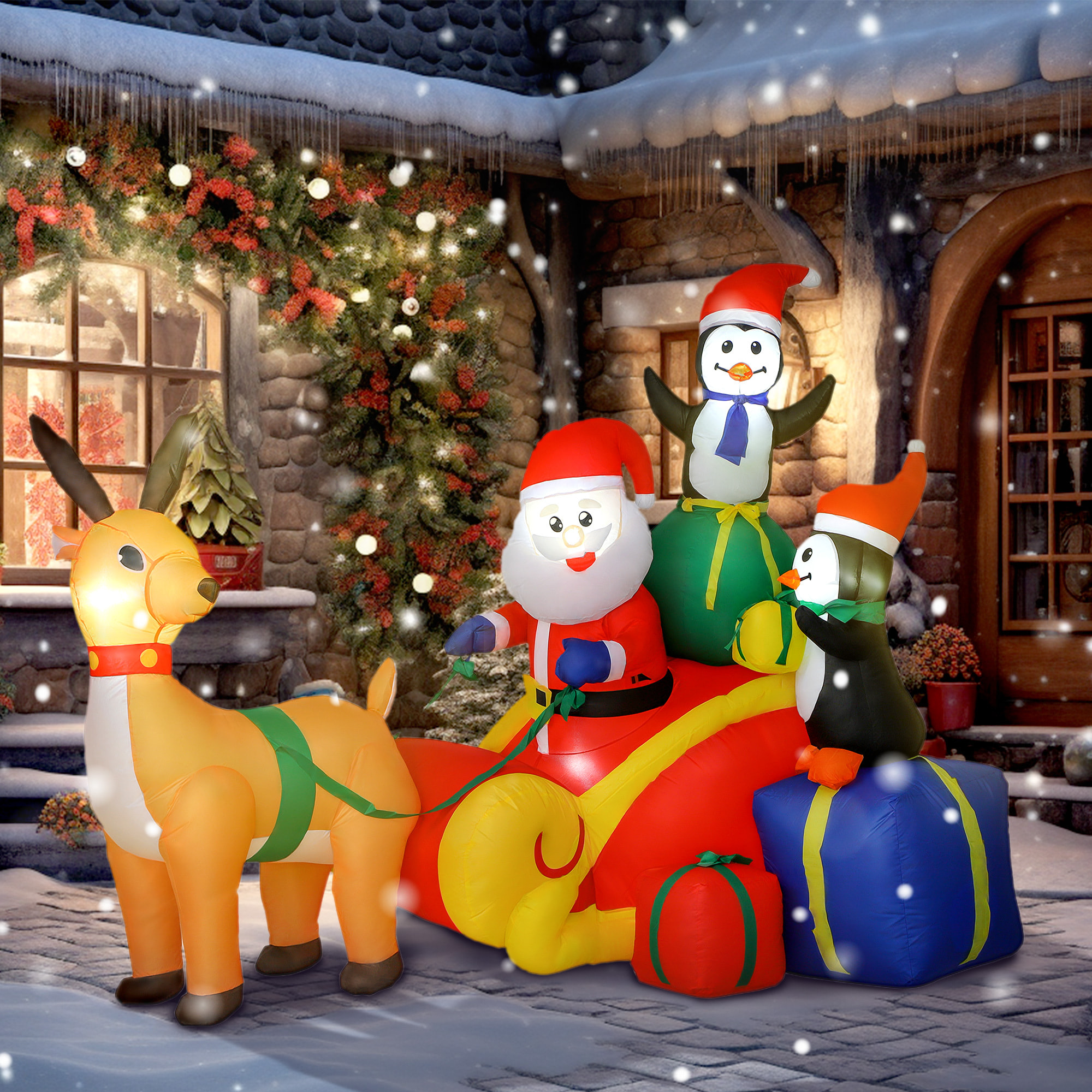 Papá Noel Hinchable con Trineo, Pingüinos y Renos, Inflables de Navidad con Luces LED, Decoración de Navidad para Exterior e Interior, 180x120x155 cm